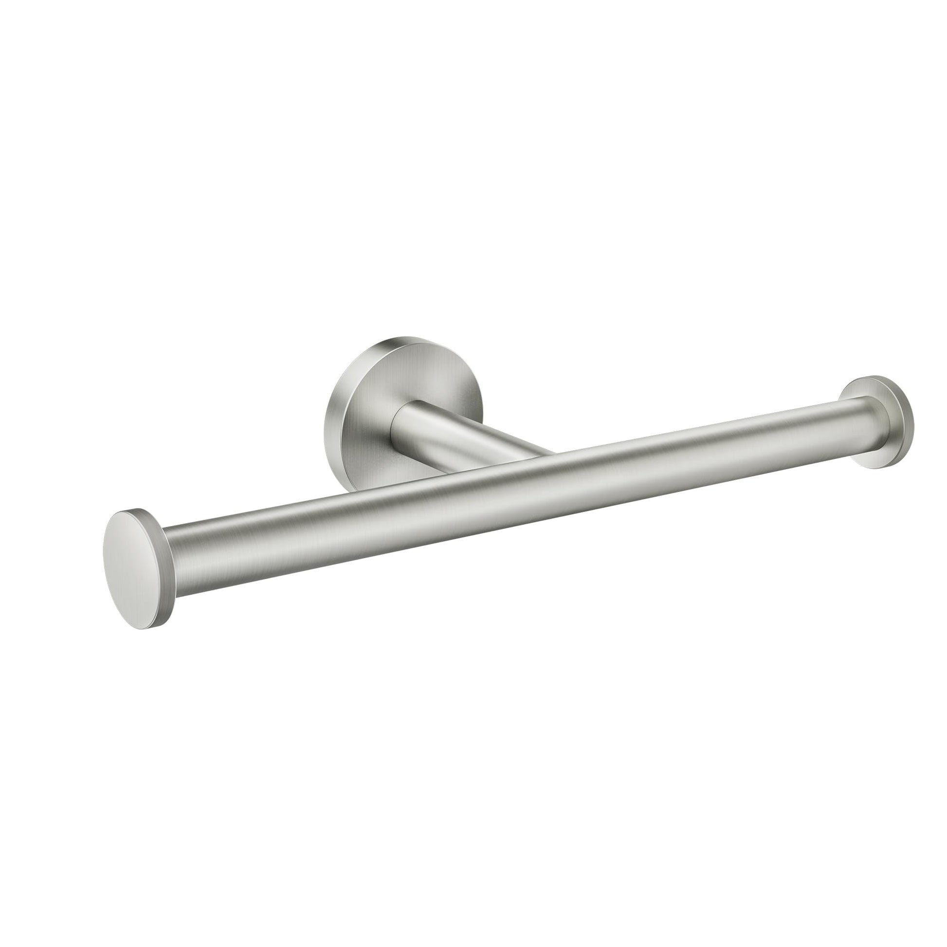 Brushed nickel double toilet paper holder with two cylindrical bars mounted on a circular wall plate.