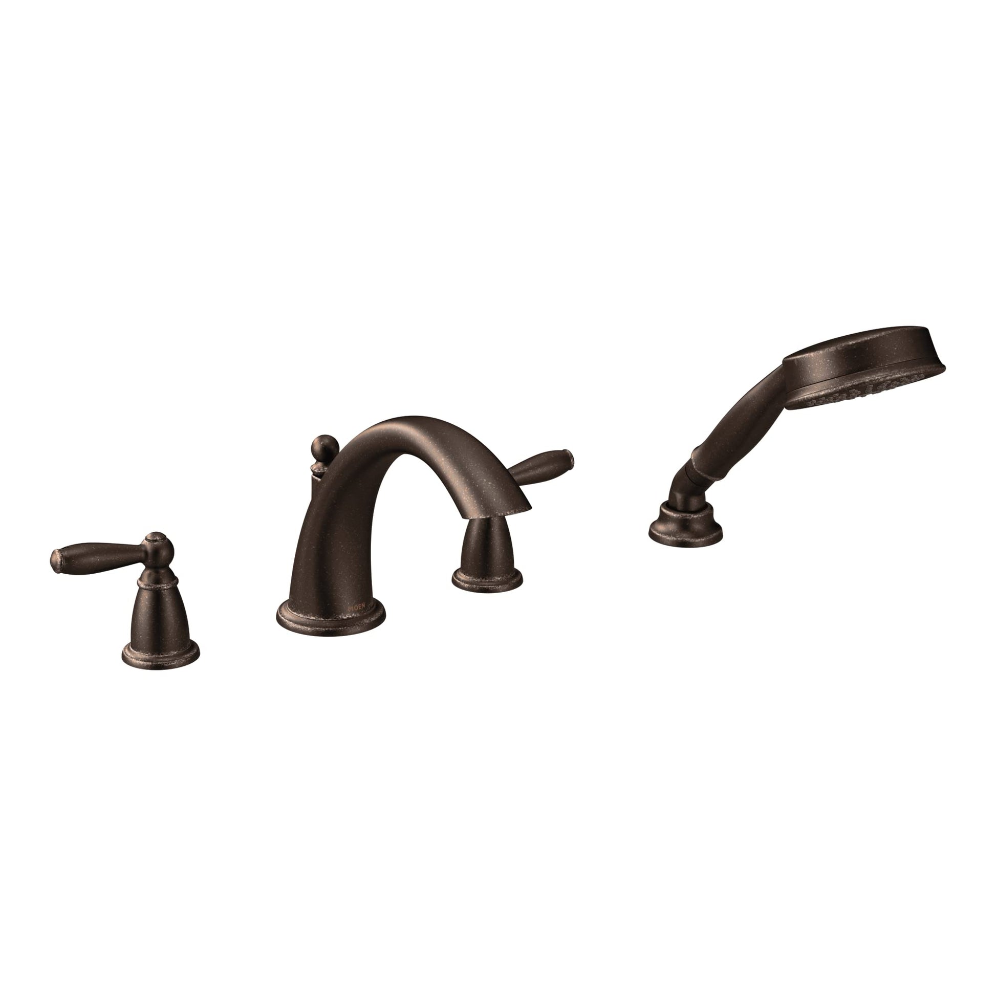 Oil rubbed bronze two-handle Roman tub faucet with curved spout and detachable handshower.
