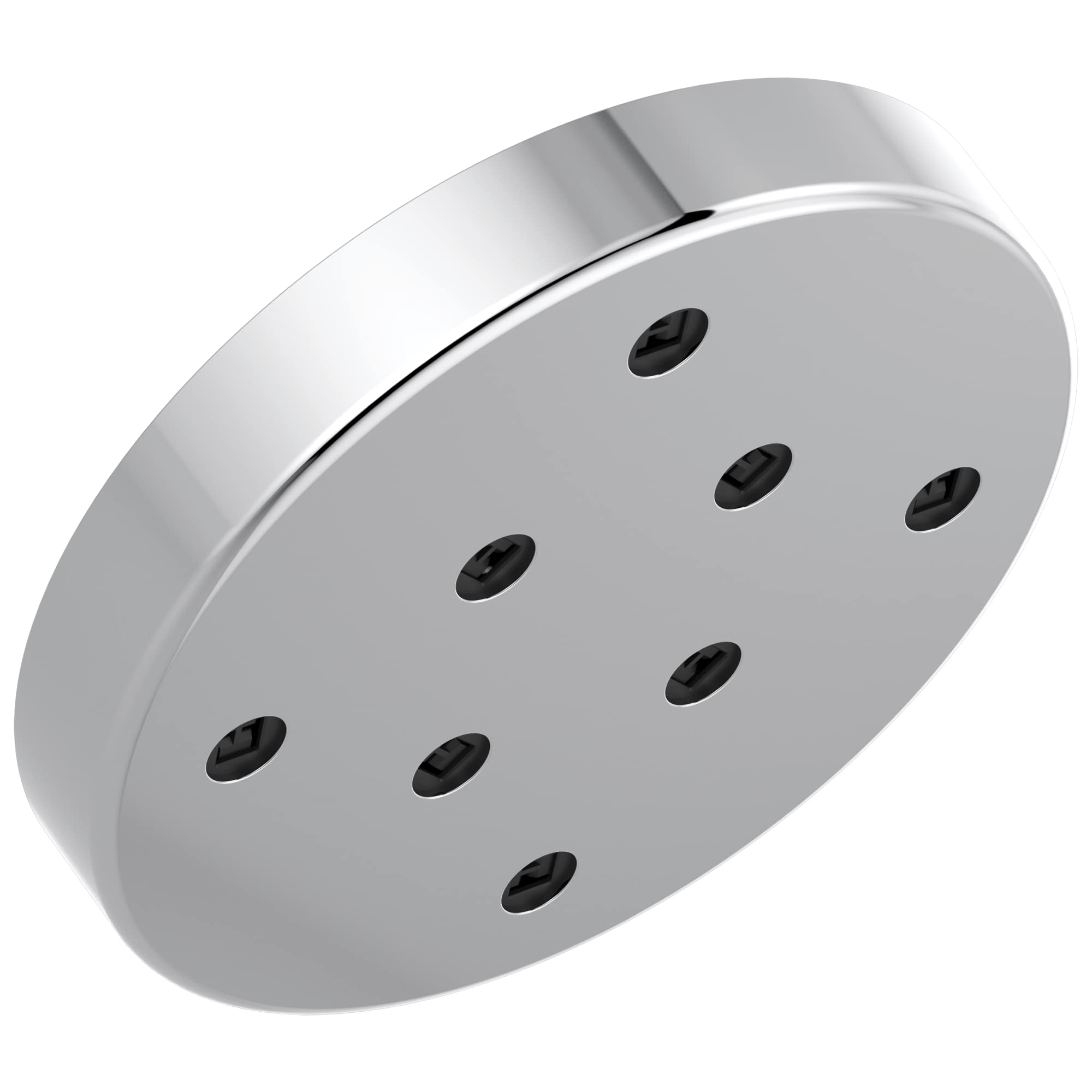 Round chrome shower head with multiple black spray nozzles arranged in a pattern on the face.