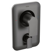Moen Genta LX matte black shower valve trim with two lever handles and temperature indicator dots on rounded rectangular plat