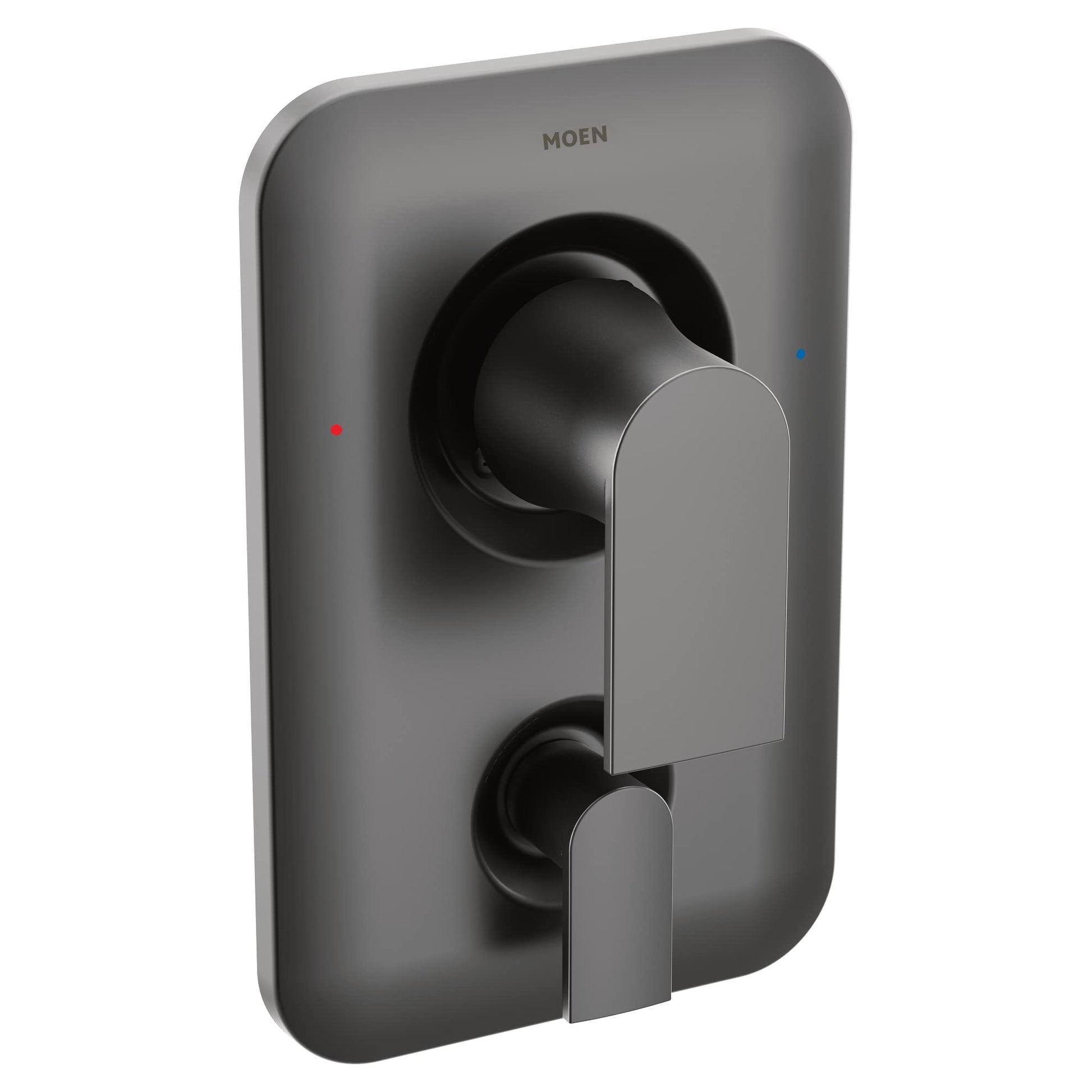 Moen Genta LX matte black shower valve trim with two lever handles and temperature indicator dots on rounded rectangular plat