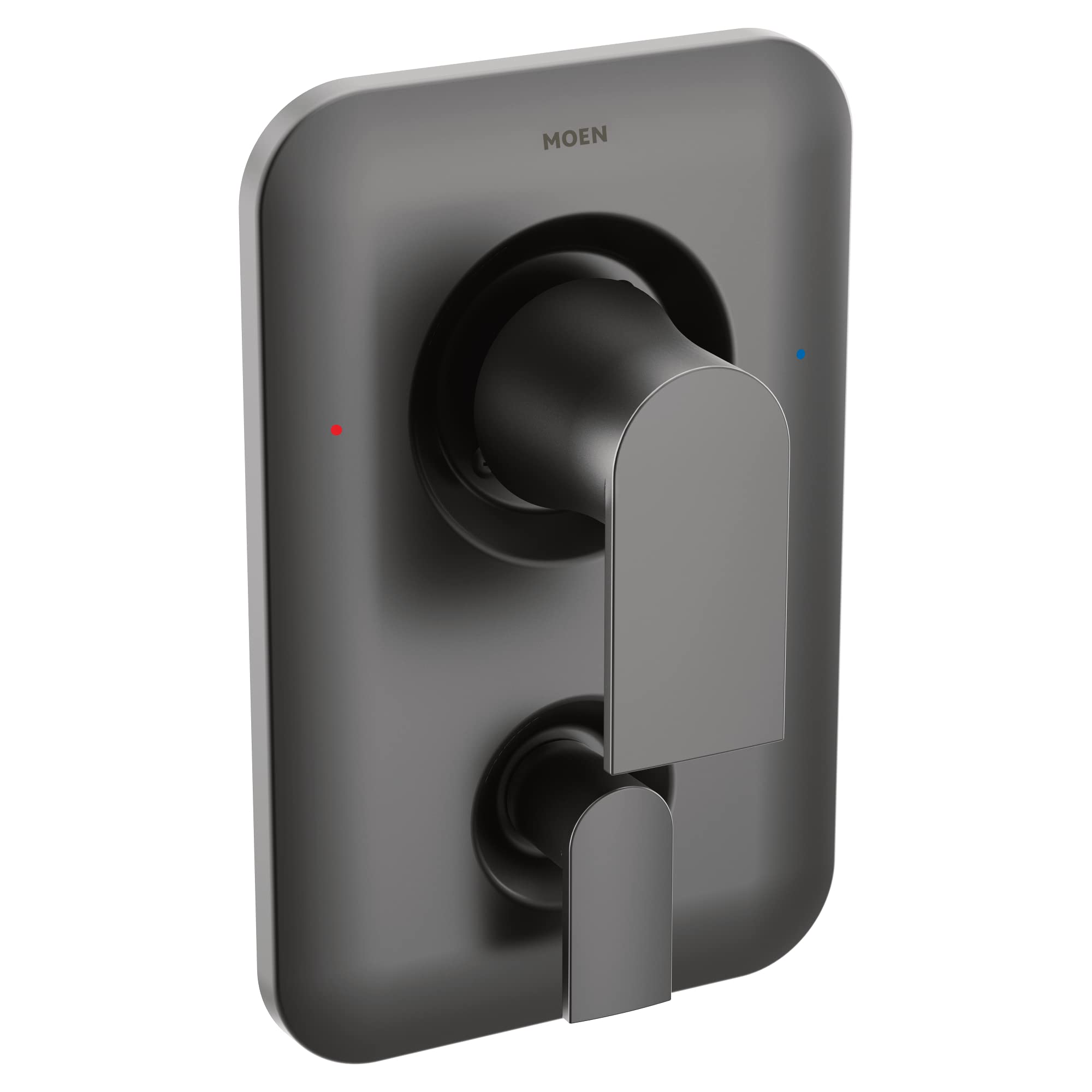 Moen Genta LX matte black shower valve trim with two lever handles and temperature indicator dots on rounded rectangular plat