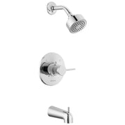 Chrome tub and shower trim with round showerhead, control valve, and tub spout.