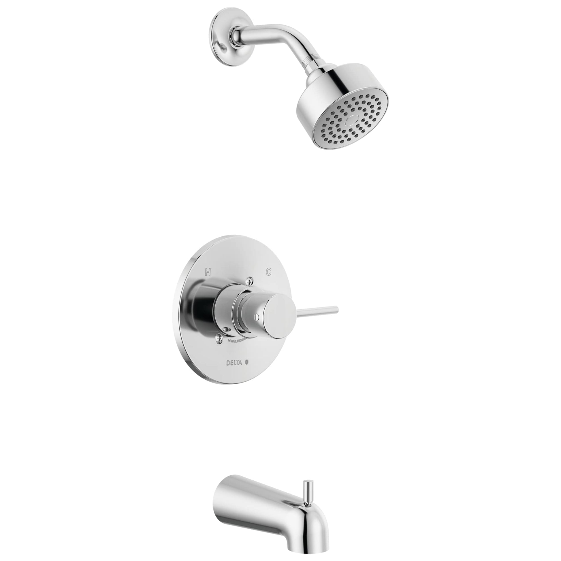 Chrome tub and shower trim with round showerhead, control valve, and tub spout.