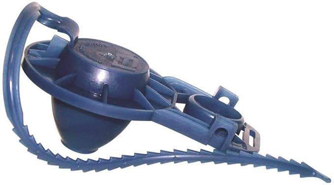 Blue vinyl flapper with curved handle and serrated tail attachment for plumbing applications.