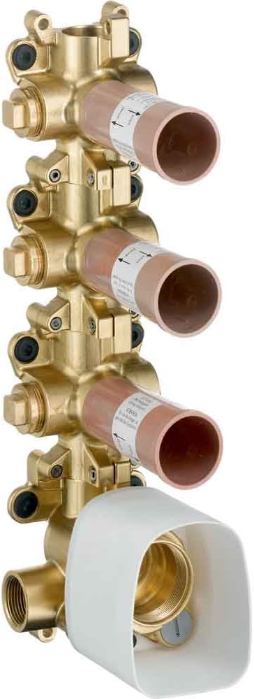Brass thermostatic shower valve module with three copper outlet ports and white escutcheon, rough-in installation body.