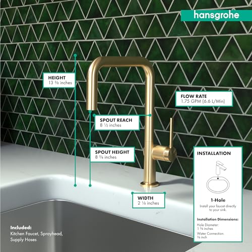 Brushed gold Talis N kitchen faucet with U-shaped spout over white sink, showing product specifications and dimensions.