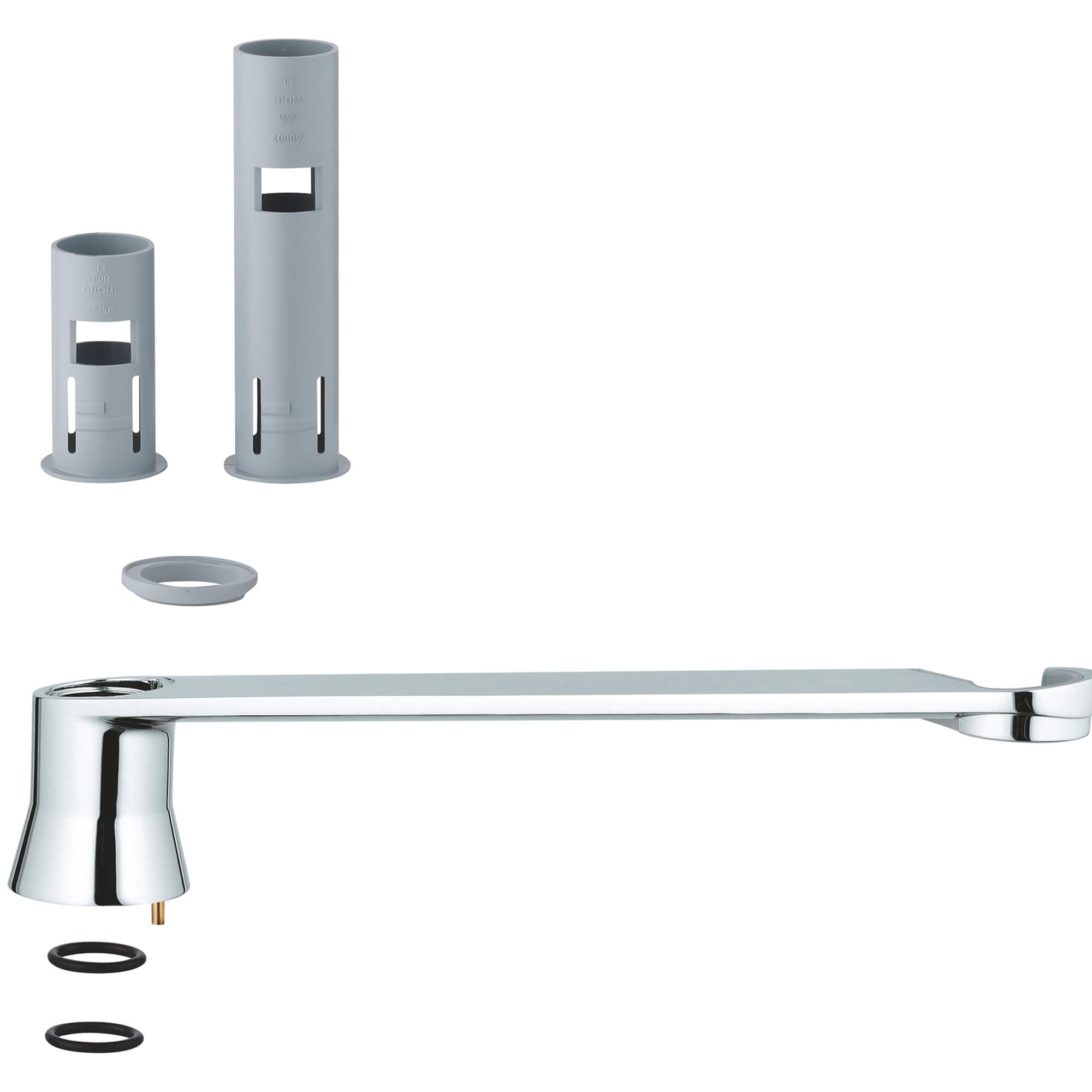 Chrome pull-out spray holder with gray cylindrical sleeves, connector ring, and rubber seals.