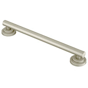 Brushed nickel straight grab bar with circular wall-mounted flanges on each end.