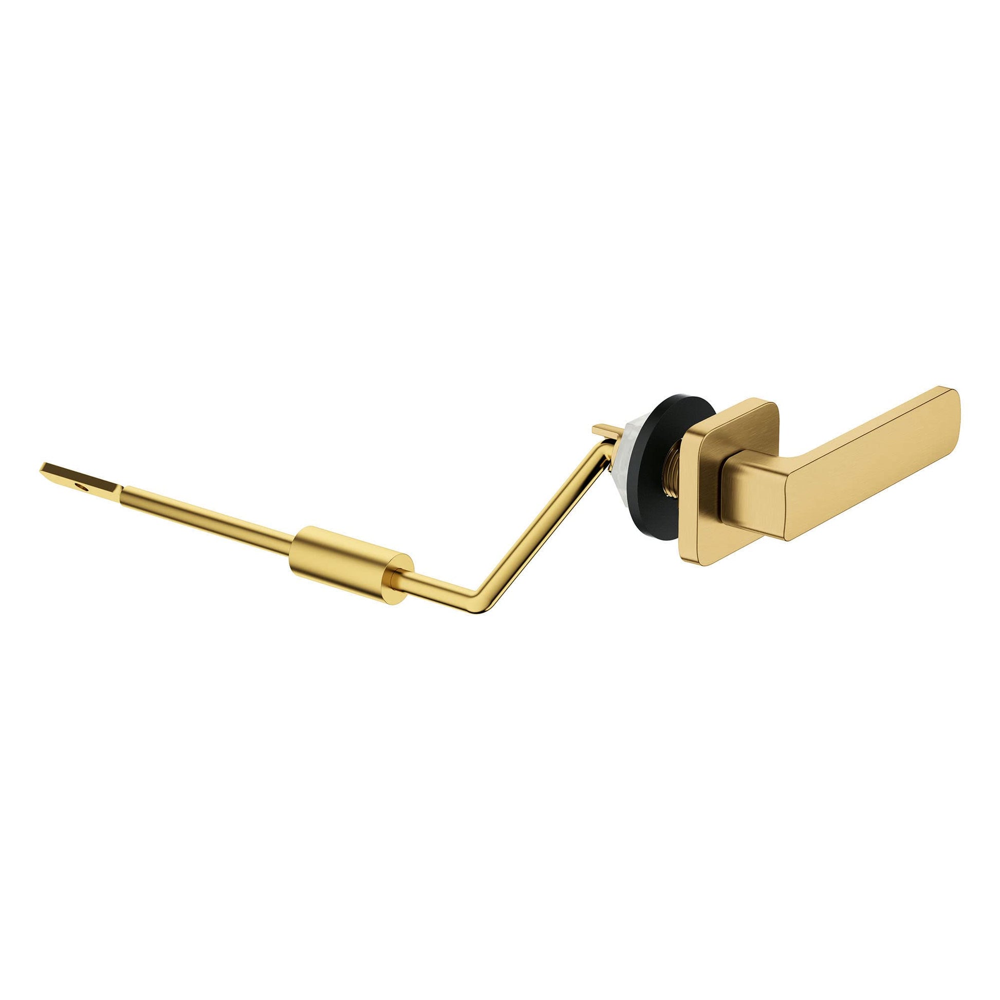 Grohe Eurocube right-hand trip lever in brushed gold finish with black rubber seal and connecting rod.