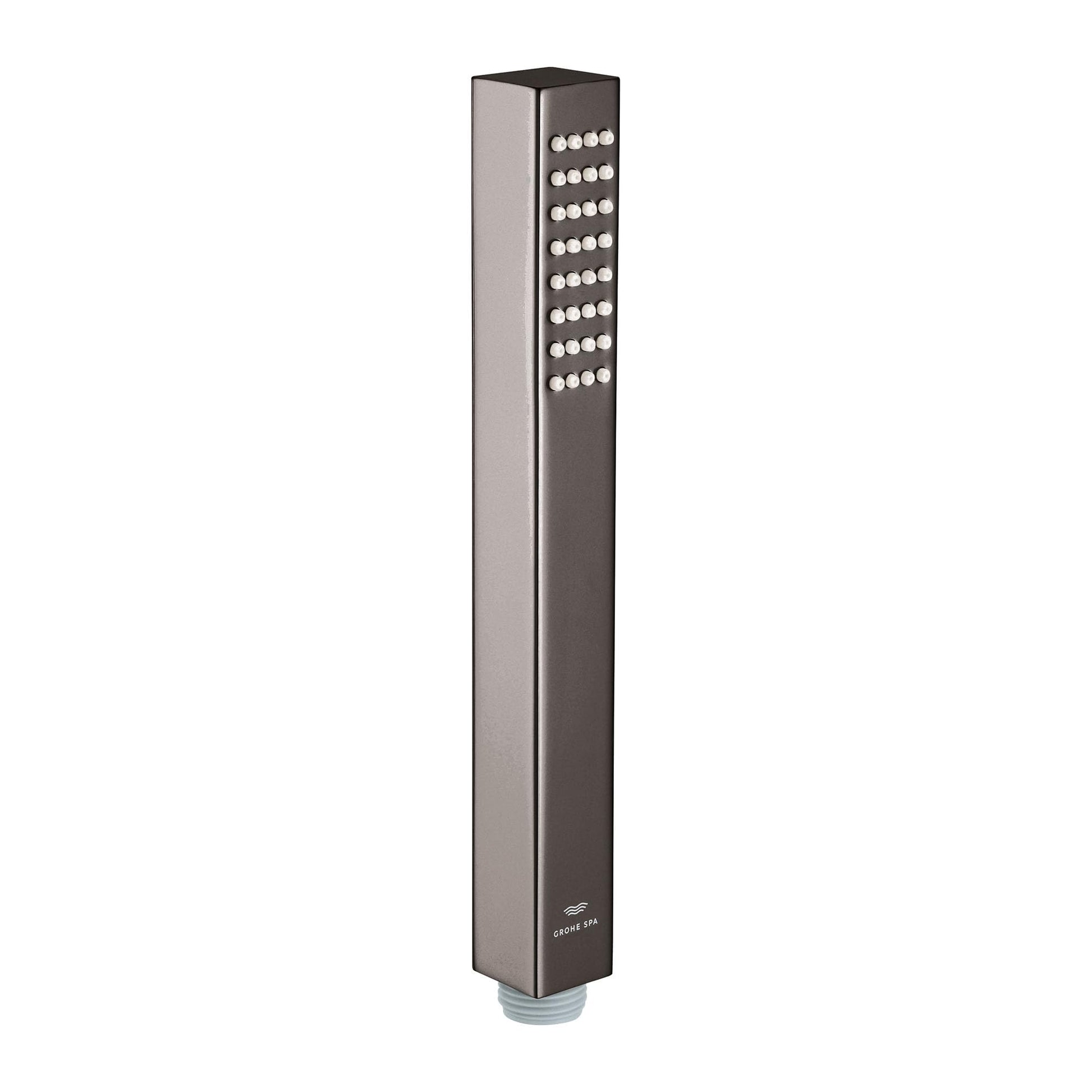 Dark graphite rectangular hand shower with multiple spray nozzles arranged in vertical rows.