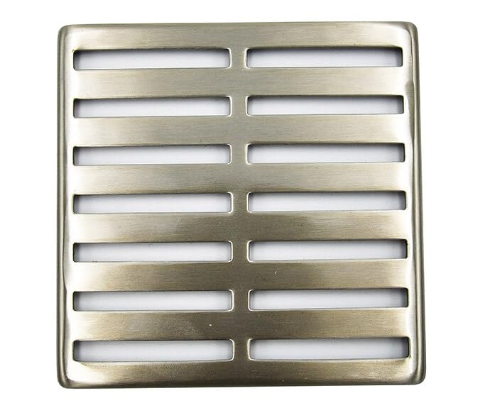 Matte black square shower drain cover with horizontal line pattern and brushed metal finish.