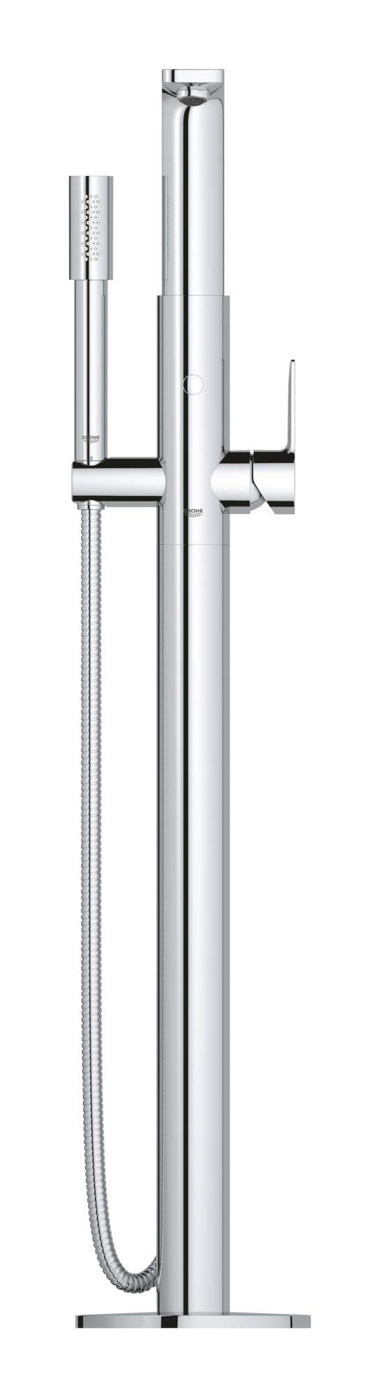 Grohe Lineare brushed nickel freestanding tub faucet with single handle, hand shower, and hose.