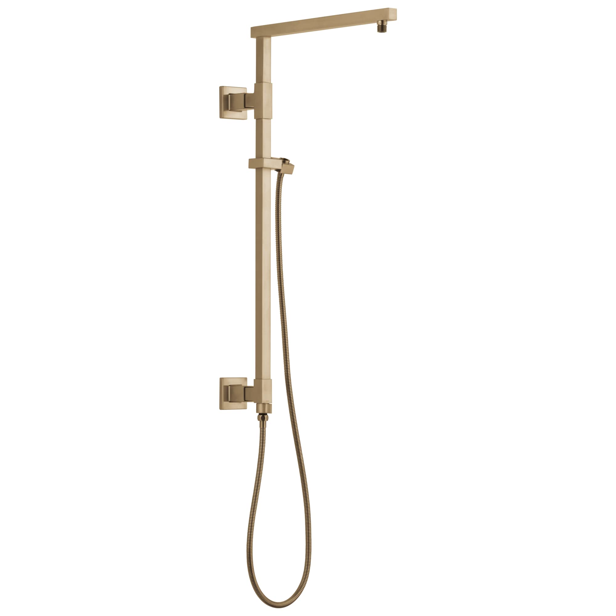 Brushed gold angular shower column with overhead rainfall showerhead, handheld spray wand, and wall-mounted control handles.