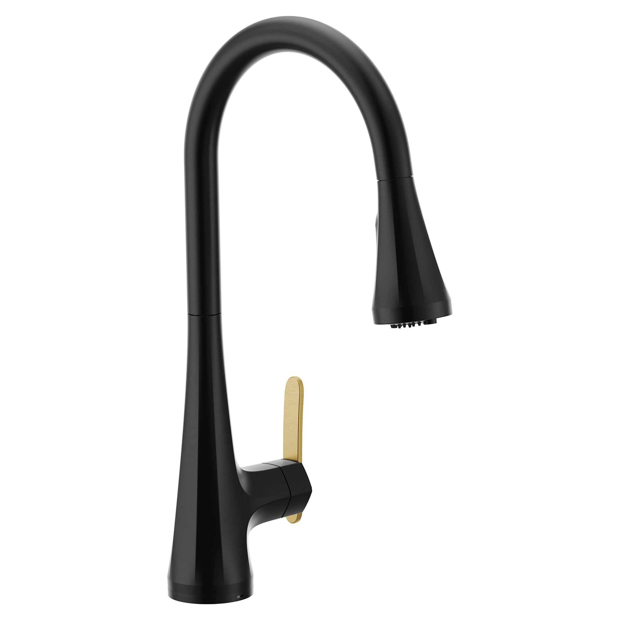 Matte black pulldown kitchen faucet with single lever handle and gold accent.