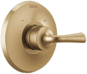 Champagne bronze shower valve trim with single lever handle, red and blue temperature indicator dots on round escutcheon plat