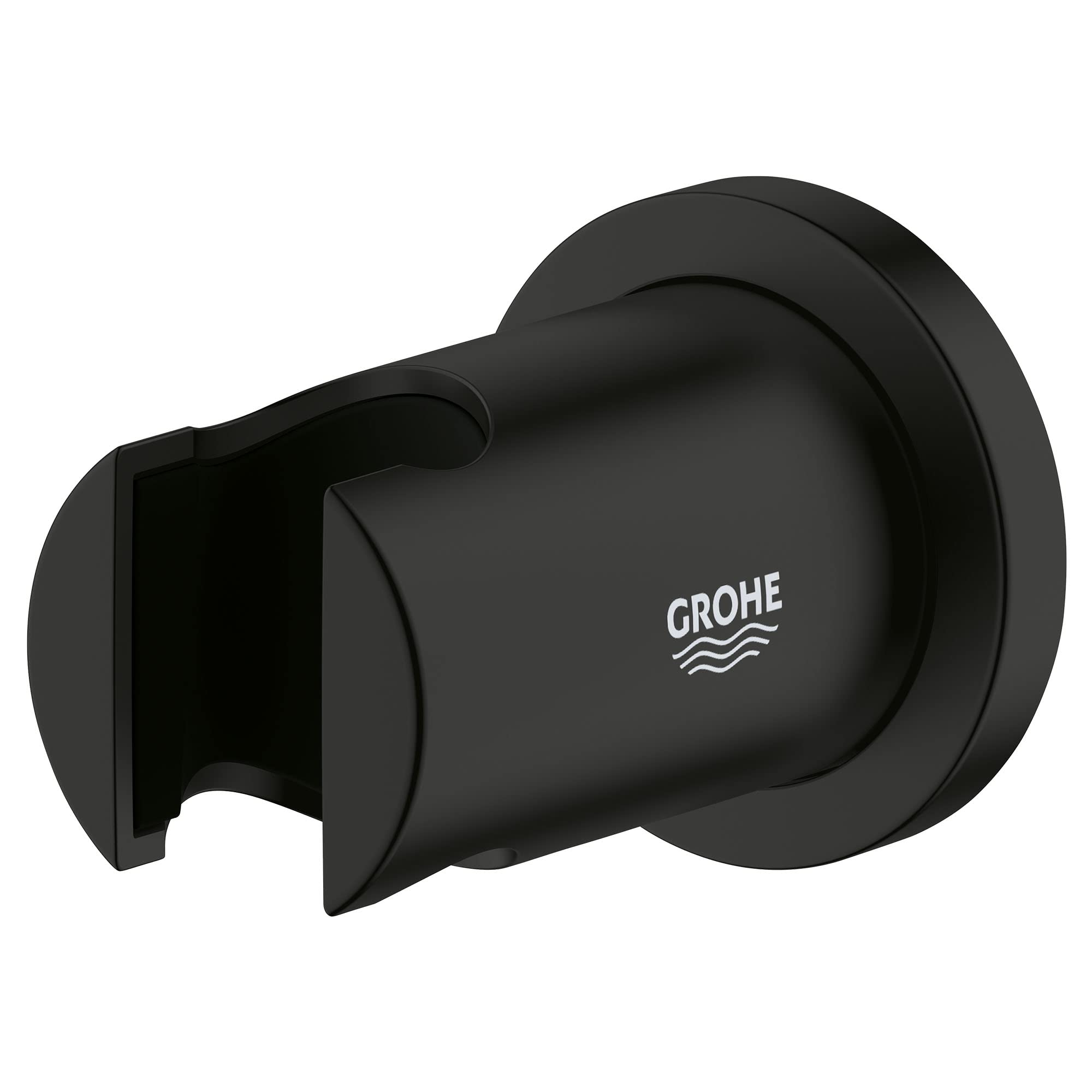 Matte black wall-mounted hand shower holder with adjustable bracket and Grohe branding.