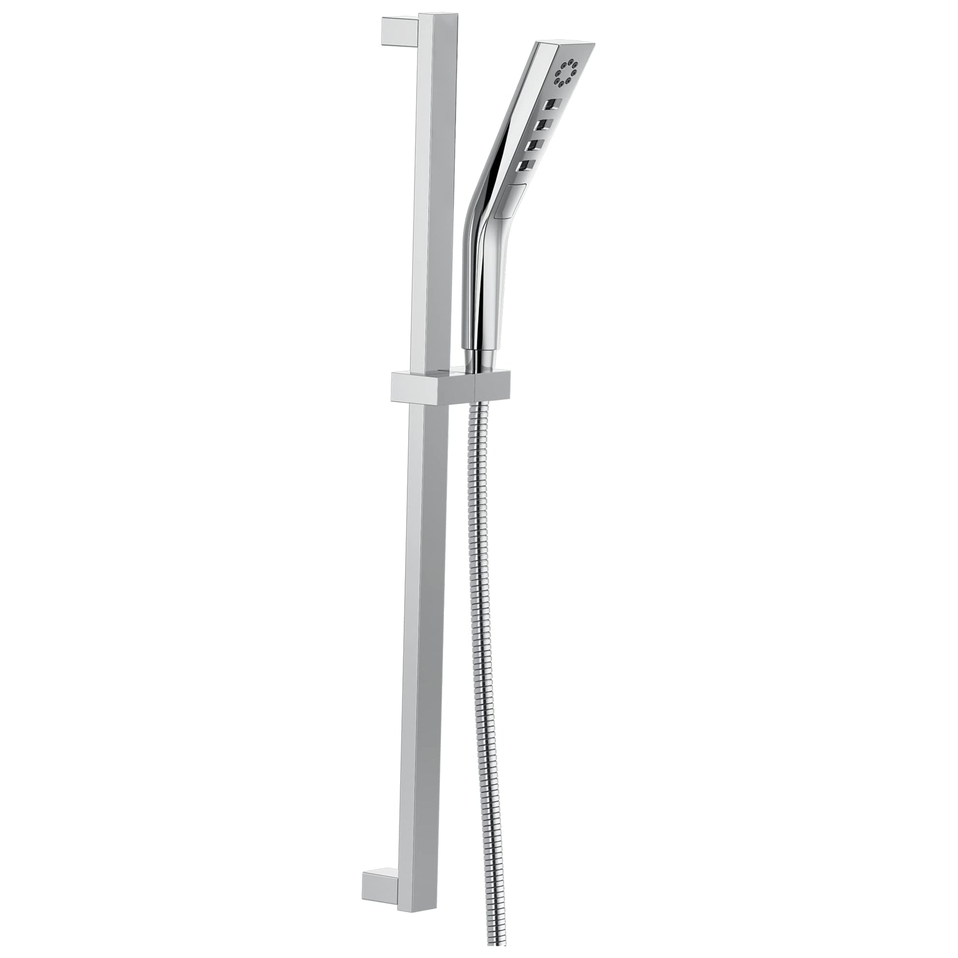 Chrome hand shower with adjustable slide bar mount and flexible hose connector.