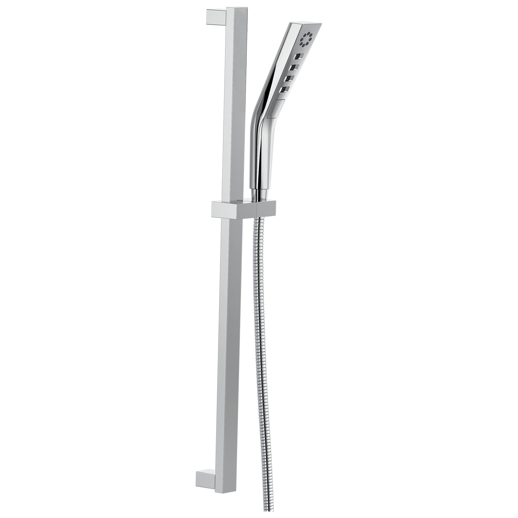 Chrome hand shower with adjustable slide bar mount and flexible hose connector.