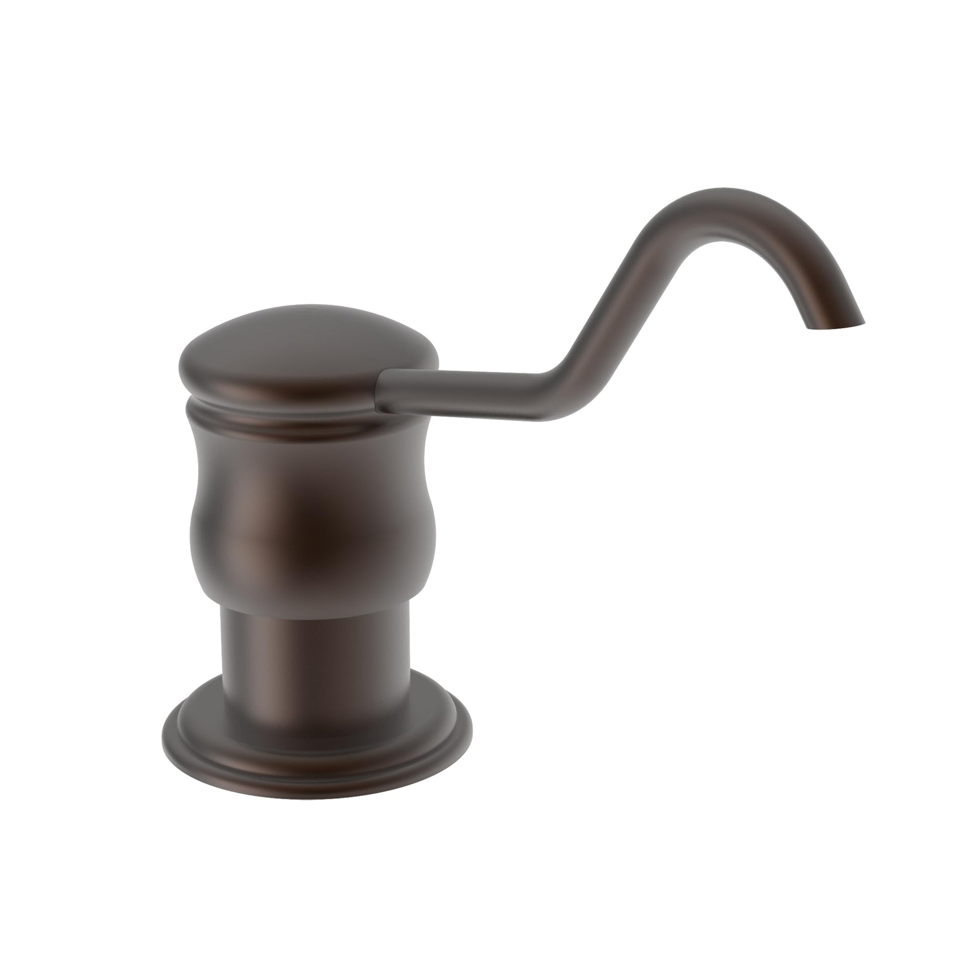 English bronze soap and lotion dispenser with curved spout and round pump top on cylindrical base.