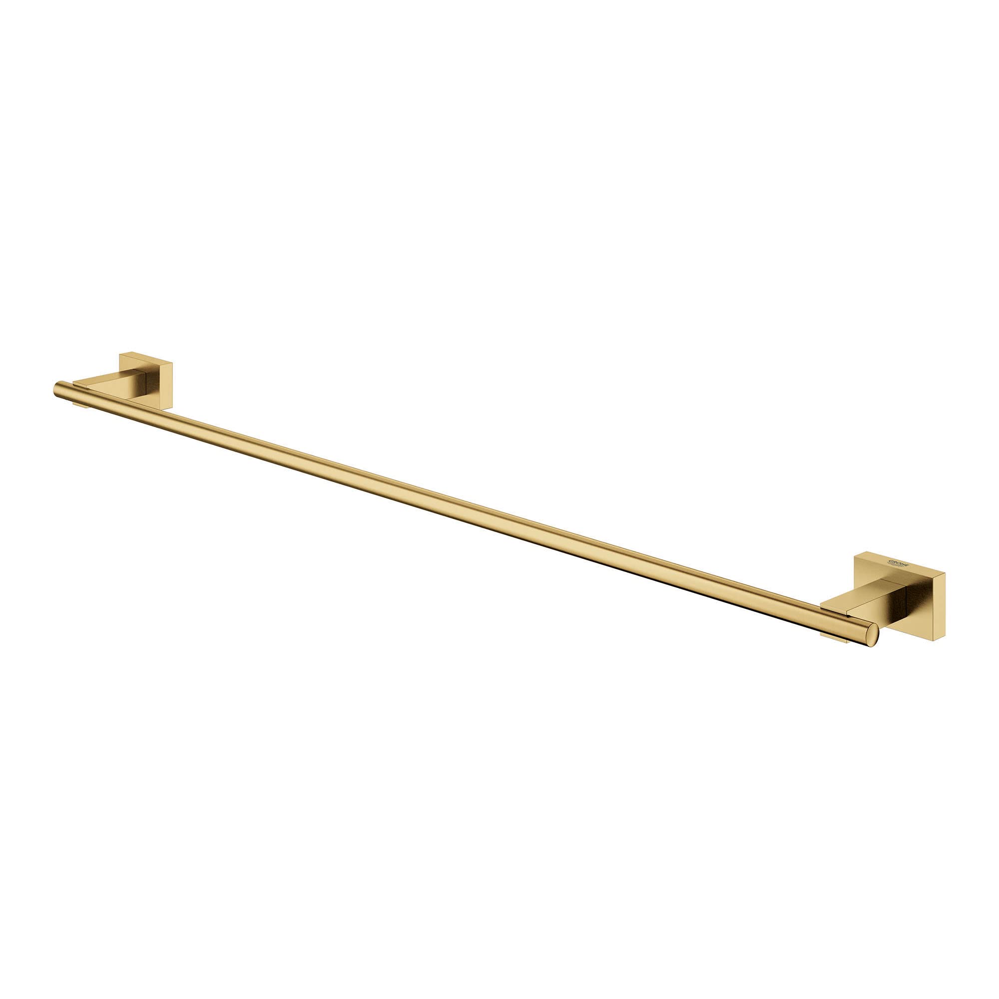 Grohe Essentials Cube brushed gold towel bar with square mounting brackets on white background.