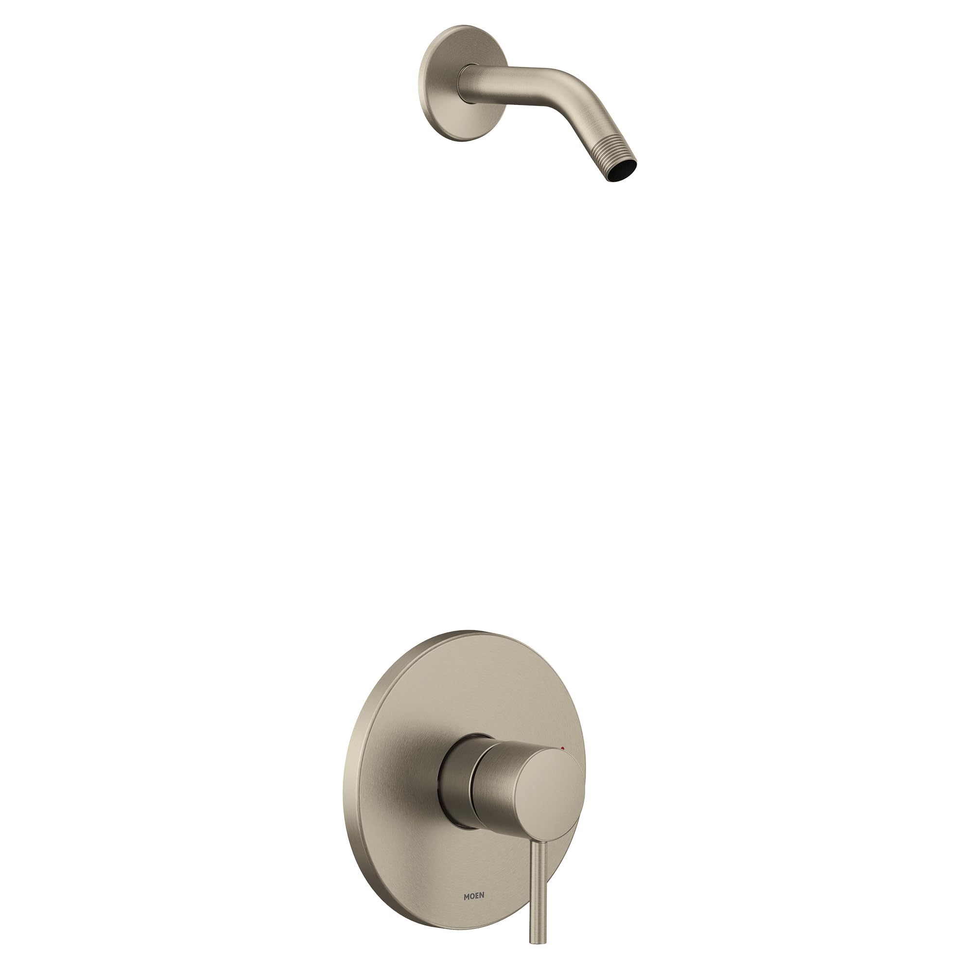 Brushed nickel shower trim kit with single handle lever and curved wall-mounted spout.