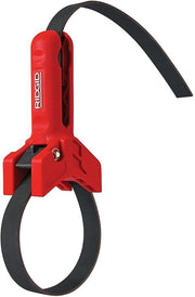 Red and black RIDGID strap wrench with 7-inch handle and circular strap for gripping pipes.