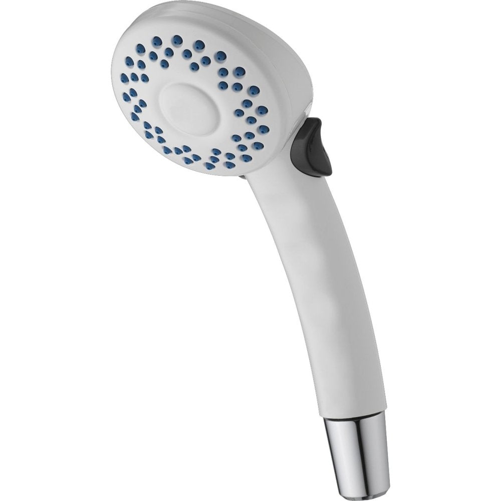 White hand shower with blue spray holes, black grip, and chrome ferrule.