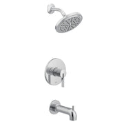 Chrome single-handle tub and shower trim kit with round showerhead, wall-mounted valve, and tub spout.