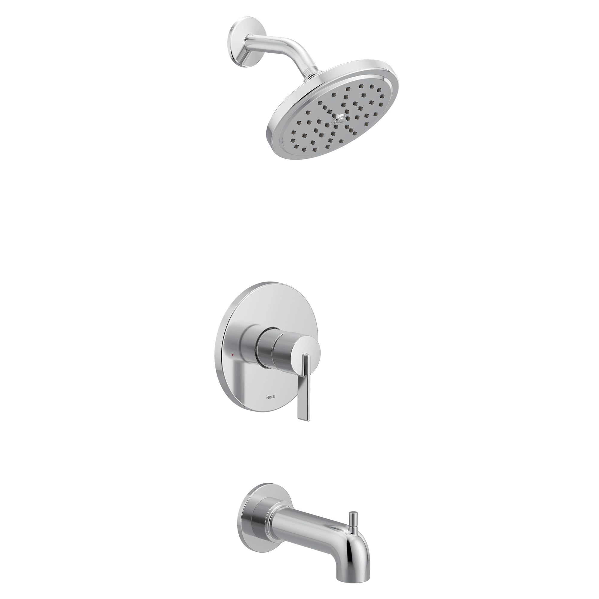 Chrome single-handle tub and shower trim kit with round showerhead, wall-mounted valve, and tub spout.