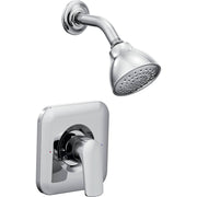 Chrome shower trim with round showerhead, curved arm, and wall-mounted valve control lever.