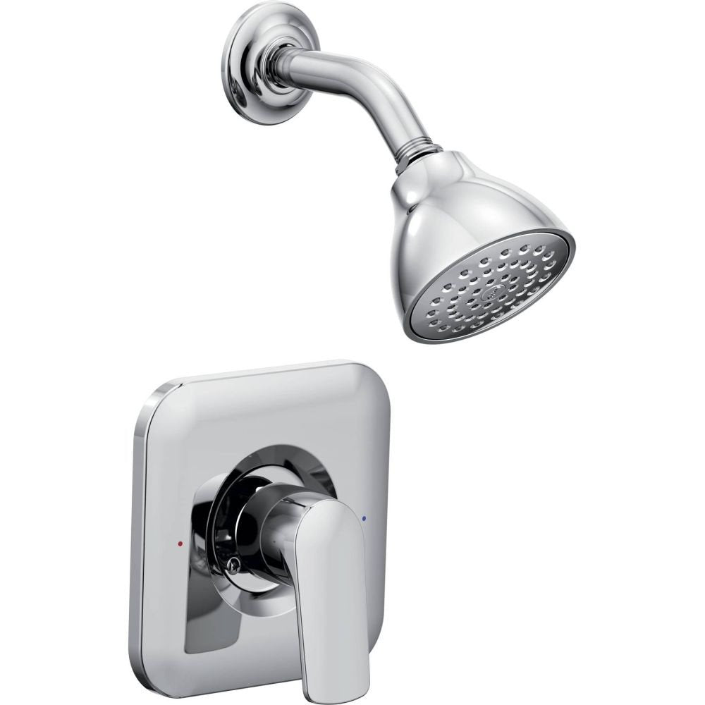 Chrome shower trim with round showerhead, curved arm, and wall-mounted valve control lever.