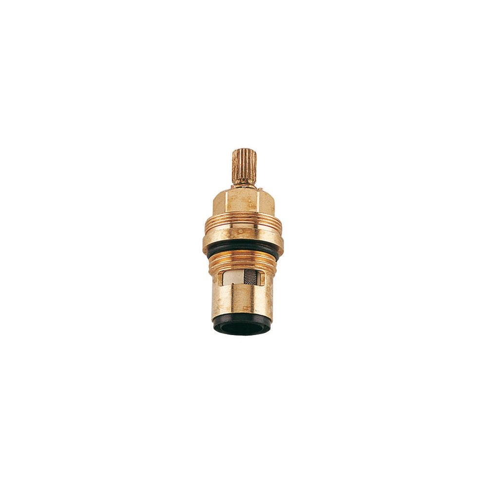 Grohe brass ceramic cartridge with ridged stem, black seals, and threaded housing for faucet repair.