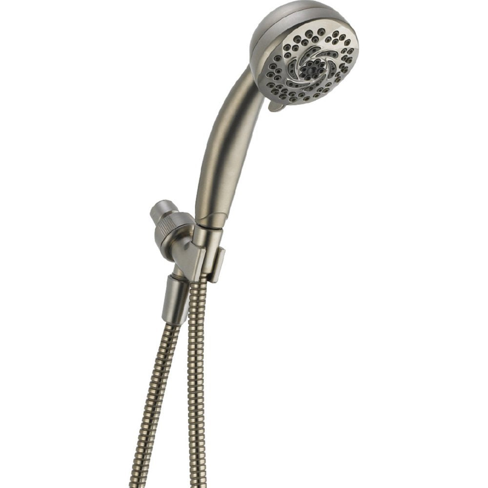 Brushed nickel hand shower head with multiple spray holes, angled handle, and attached flexible hose.