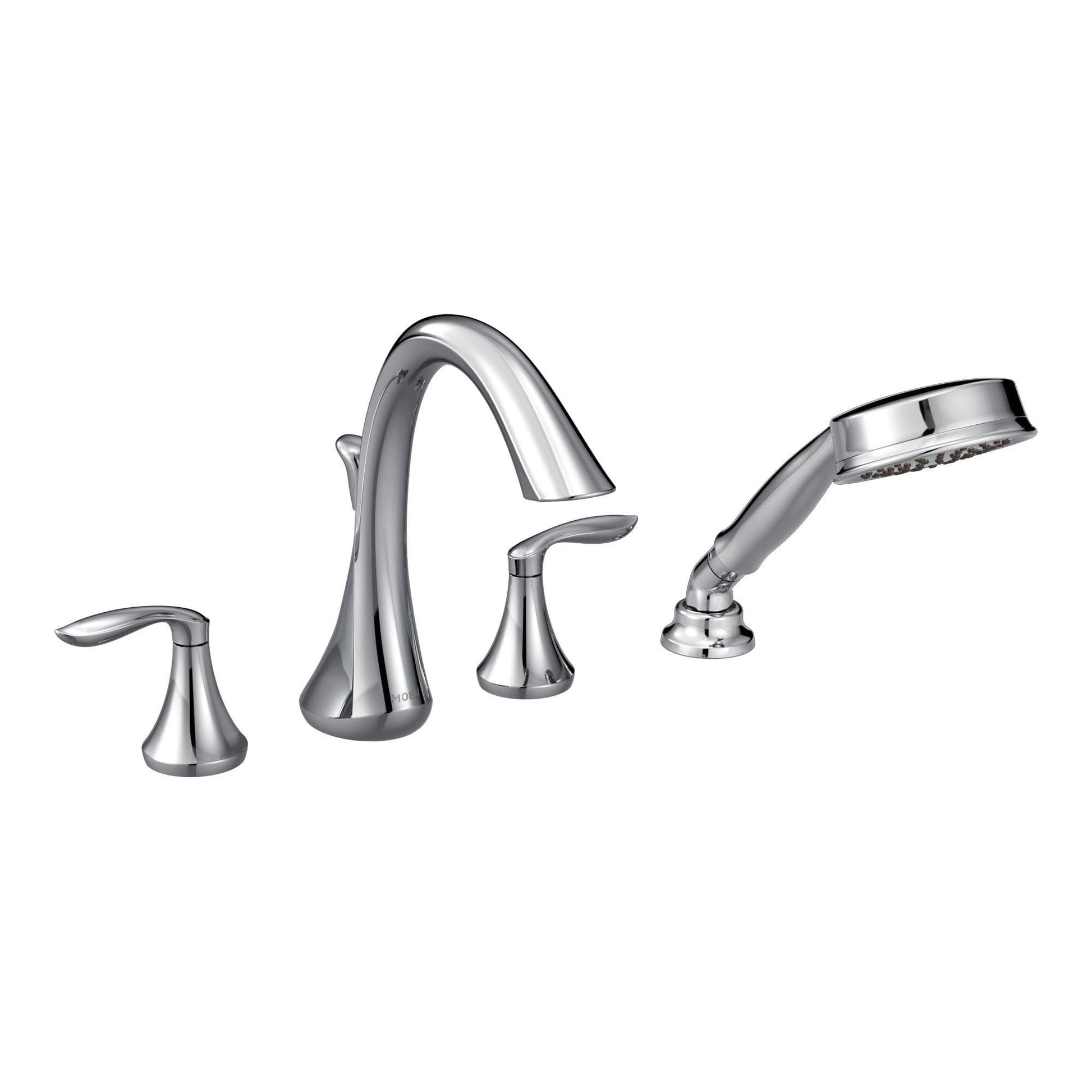 Chrome two-handle deck mount Roman tub faucet with curved spout and detachable handshower.