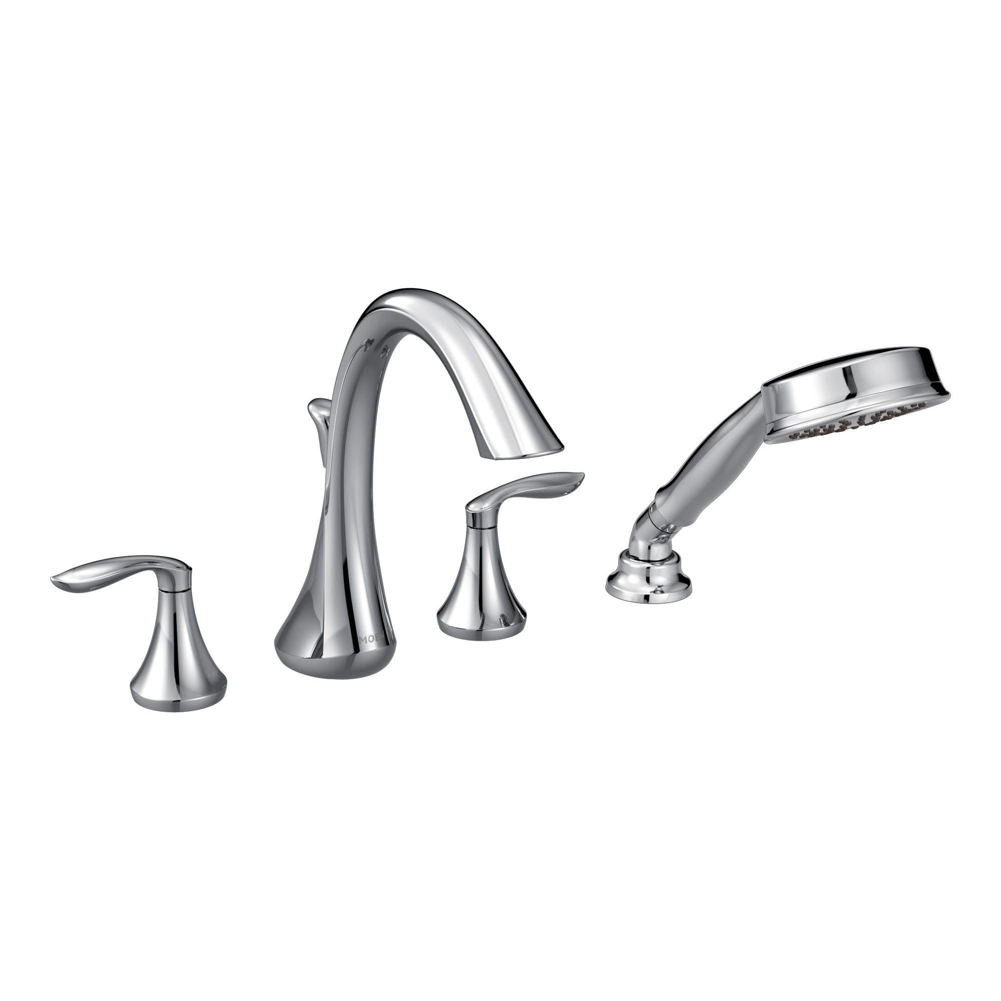 Chrome two-handle deck mount Roman tub faucet with curved spout and detachable handshower.