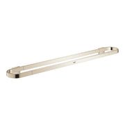 Brushed nickel towel bar with curved mounting brackets on each end, displayed at an angle.