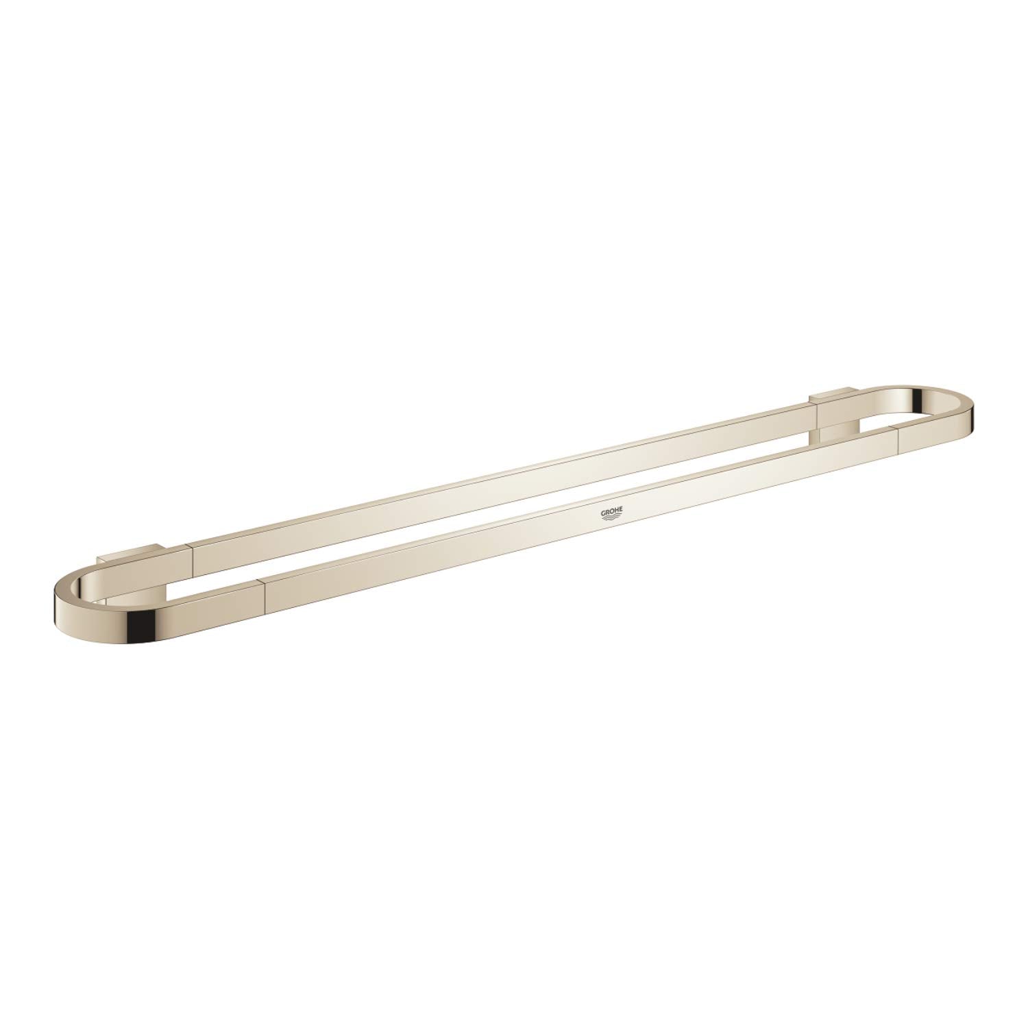 Brushed nickel towel bar with curved mounting brackets on each end, displayed at an angle.
