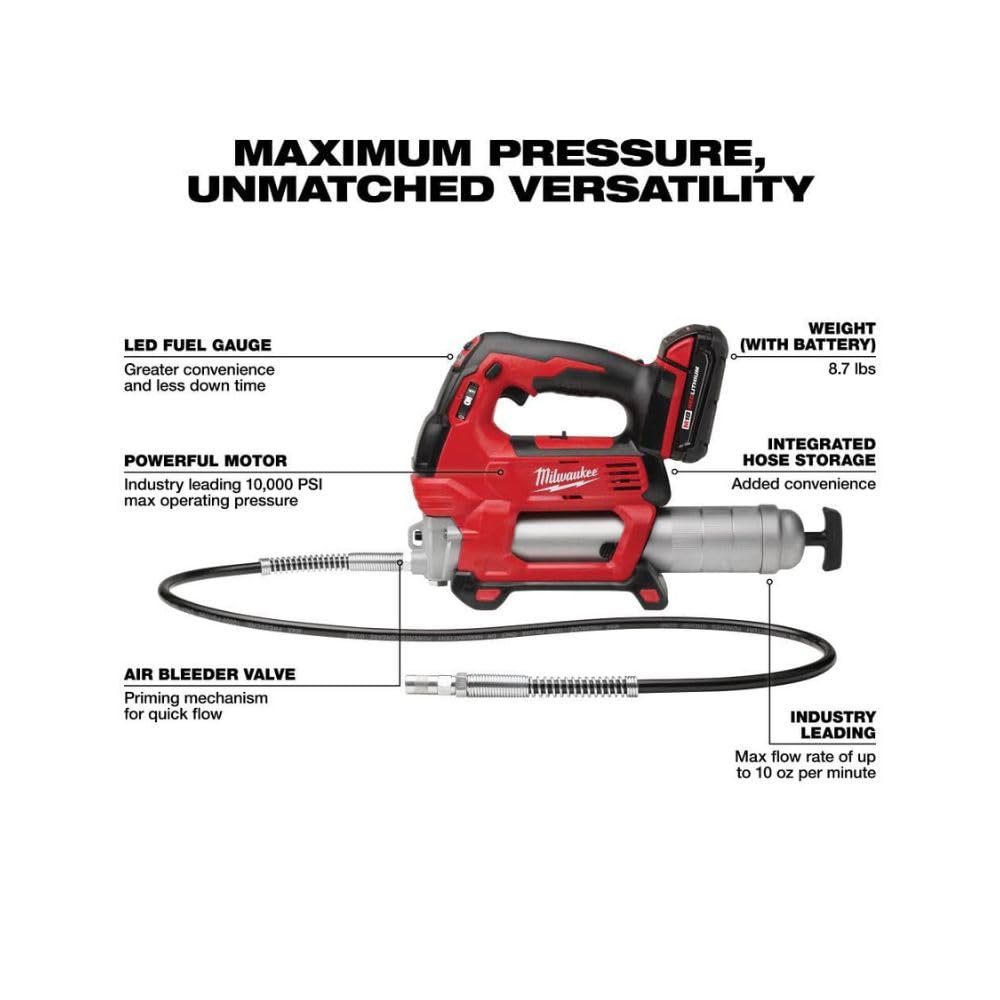 Milwaukee M18 2-speed cordless grease gun with battery, hose, and labeled features including LED fuel gauge and air bleeder v
