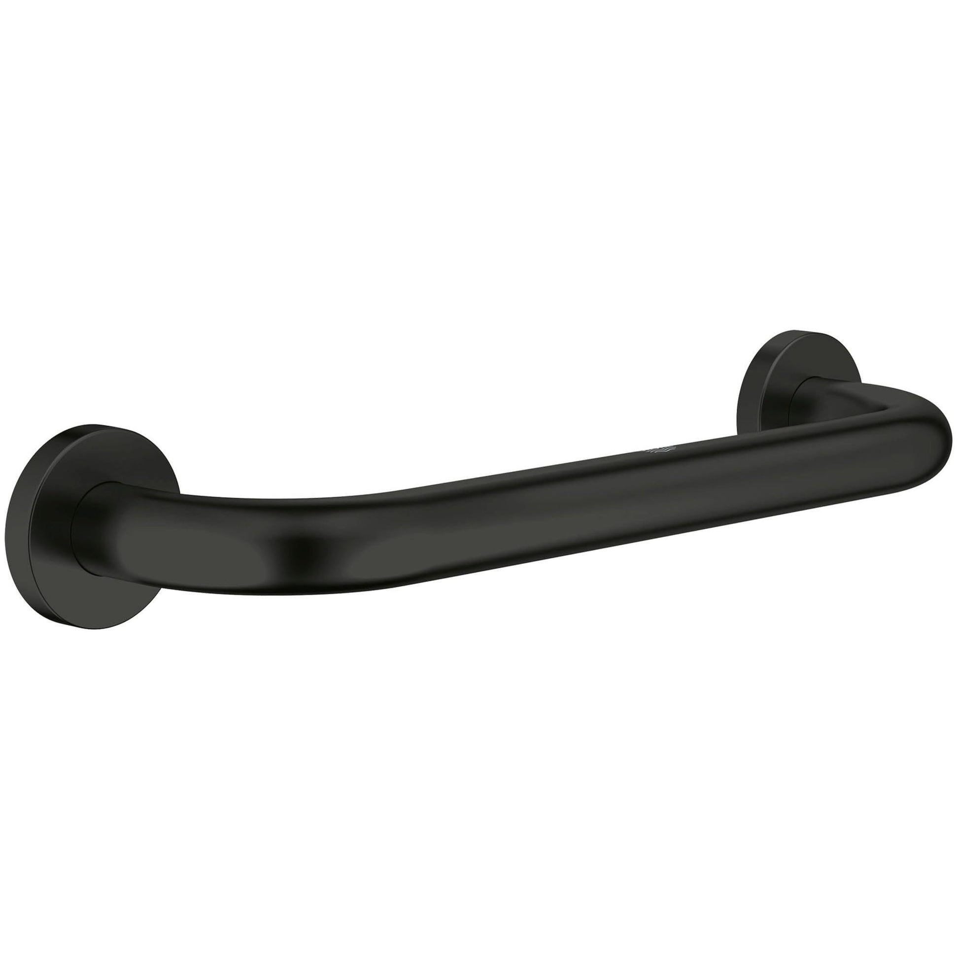 Matte black curved grab bar with round mounting flanges on each end.