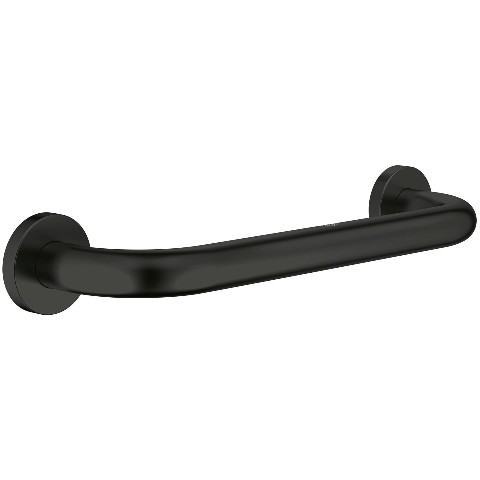 Matte black curved grab bar with round mounting flanges on each end.