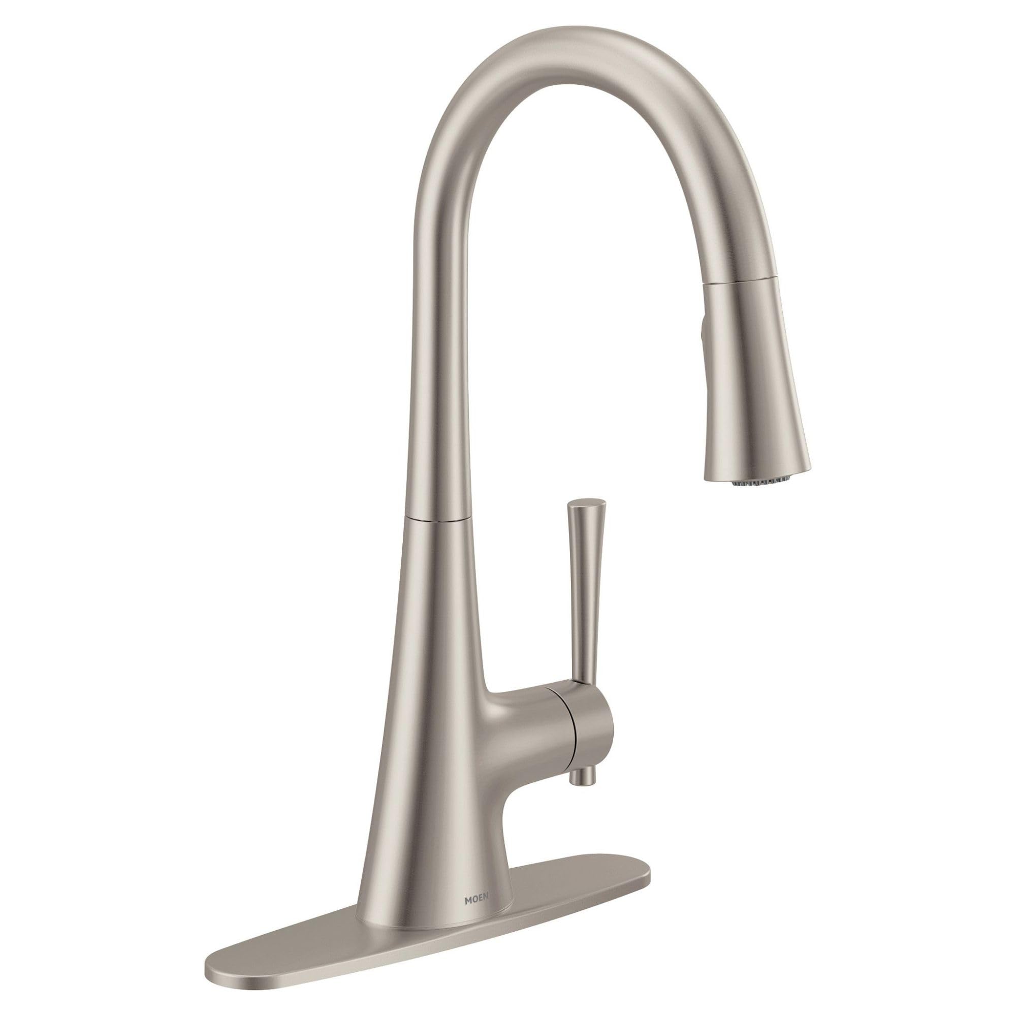 Stainless steel pulldown kitchen faucet with curved spout, single handle, and spot-resistant finish.