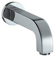 Chrome tub spout with curved angled spout and round wall-mounted flange.