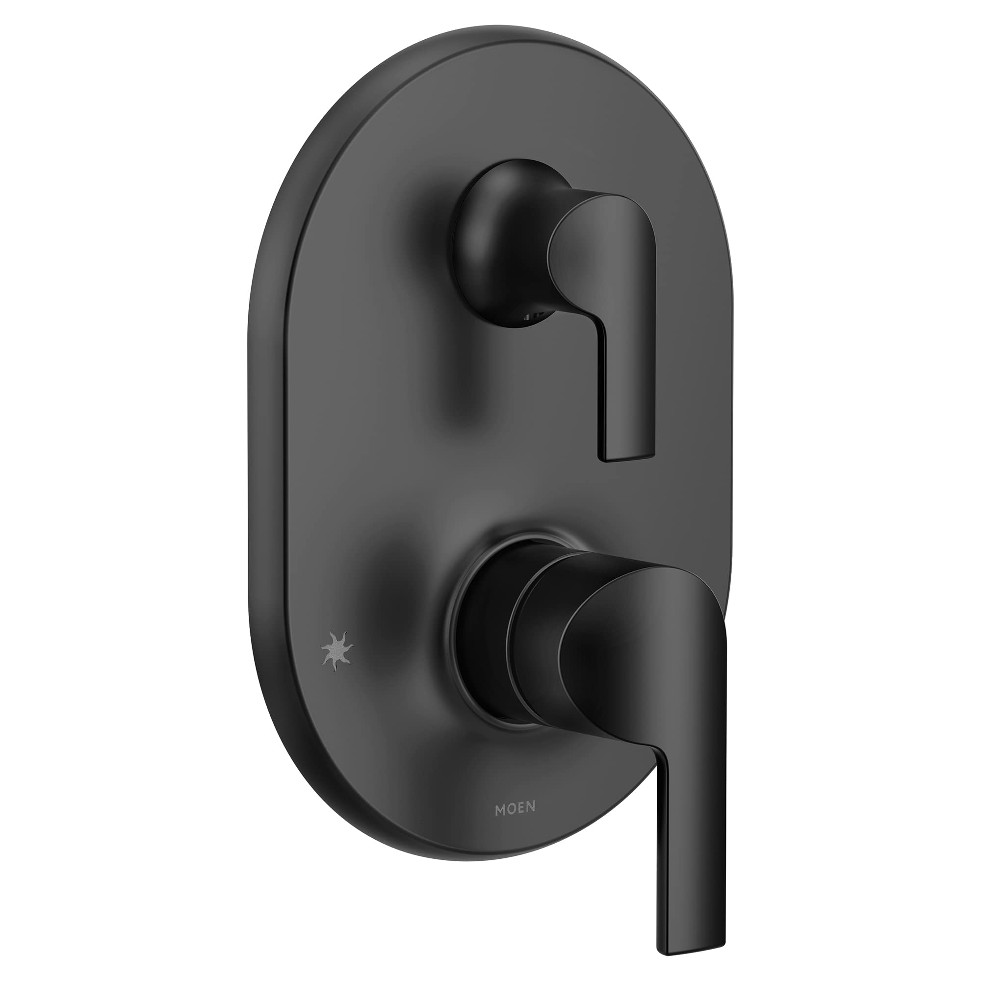 Matte black shower trim with two handles and integrated valve controls on oval escutcheon plate.