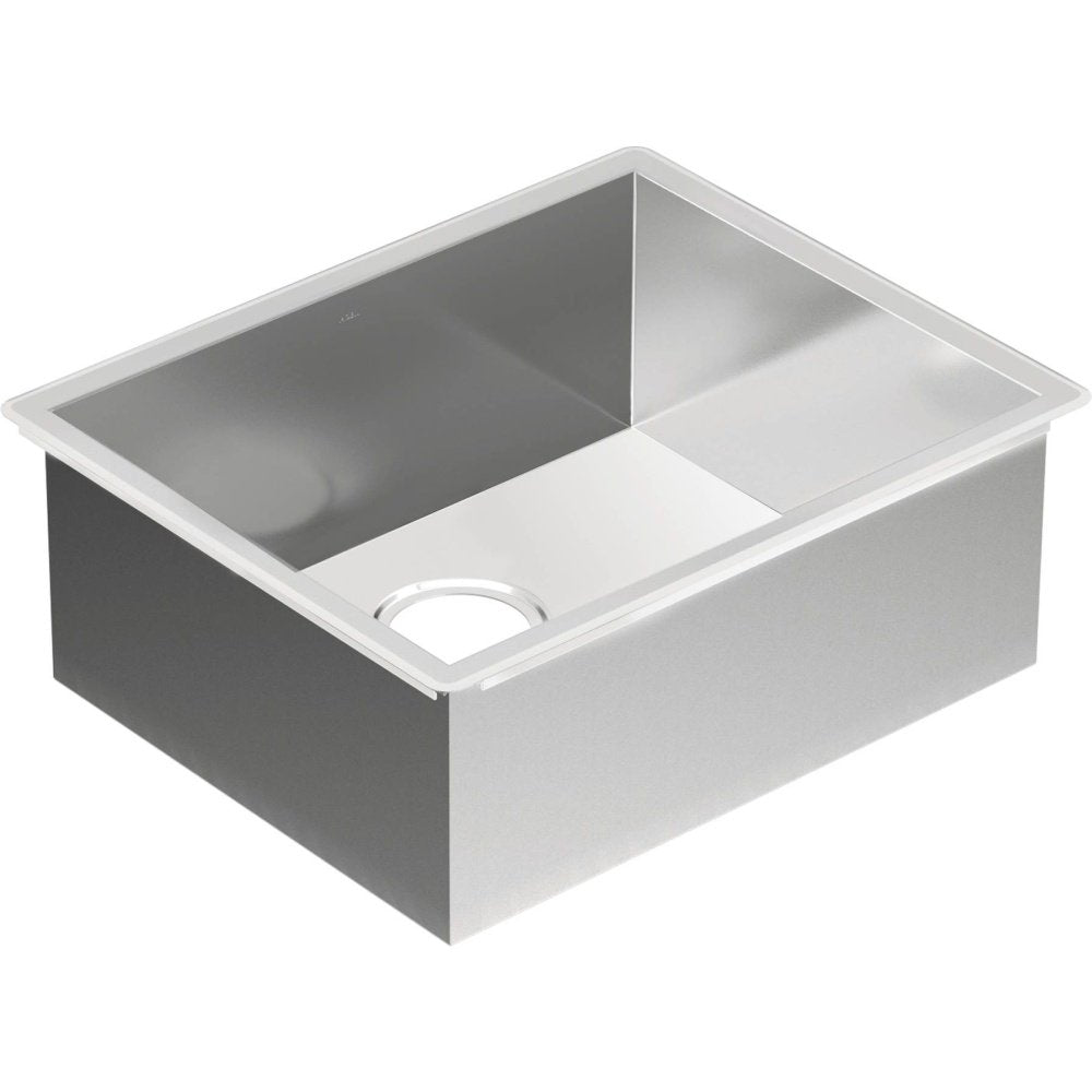Stainless steel undermount kitchen sink with single bowl and drain hole, viewed from above at an angle.