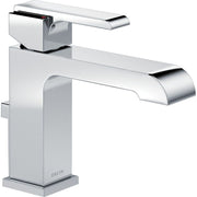 Chrome single handle bathroom faucet with curved spout and square base body.