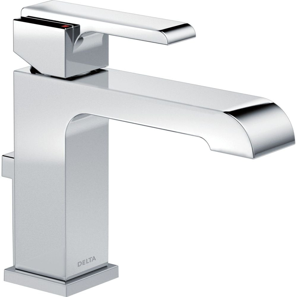Chrome single handle bathroom faucet with curved spout and square base body.