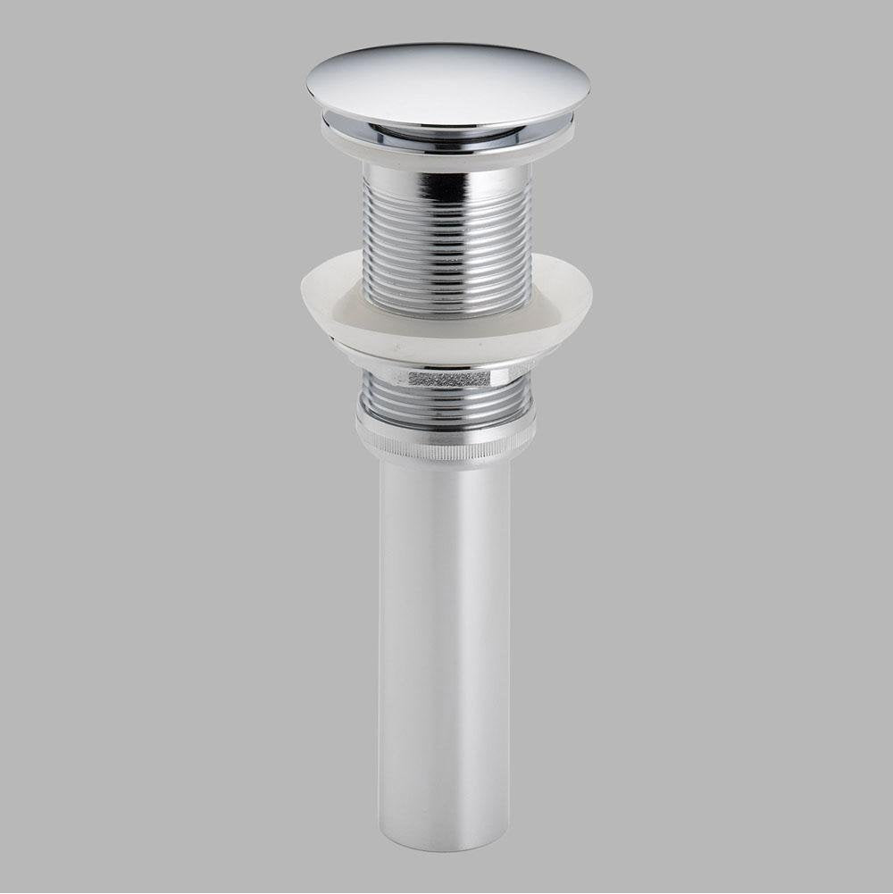 Chrome push button pop-up drain assembly with flat cap and threaded cylindrical body.