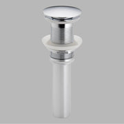 Chrome push button pop-up drain assembly with flat cap and threaded cylindrical body.