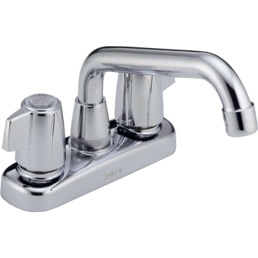 Chrome two-handle laundry faucet with curved spout and blade-style handles on white base.